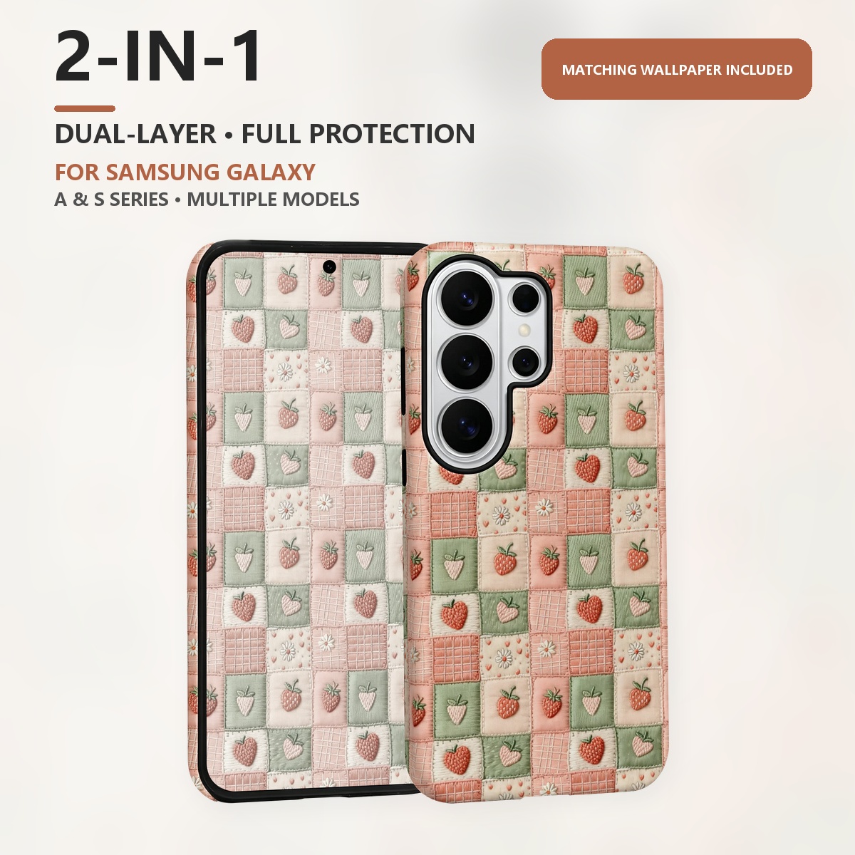 Samsung Galaxy S24 - Embroidered Strawberry Patchwork 2-in-1 Dual-Layer Phone